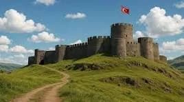 Çimenli bir tepe üzerindeki kale surları ve Türk bayrağı