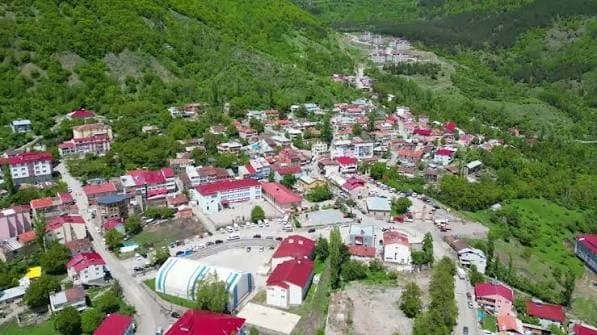Posof ilçe merkezindeki binalar ve çevresindeki yeşil yamaçlar